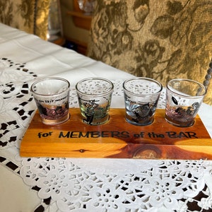 Nice Set of Mid Century Sport&#39;s Theme Hand Painted Shot Glasses ~ On Member of the Bar Stand ~ Retro Beverage Glassware