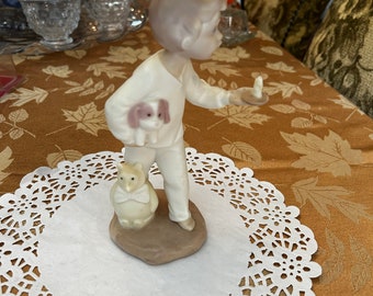 Vintage NAO Lladro Porcelain Figurine: Boy With Candle, Dog