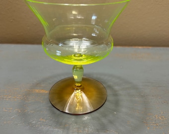 Rare NILOTUS Vaseline / Uranium Champagne Goblet With Amber Foot By the Utility Glass Company ~ 1920 Made in USA
