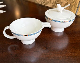 Azucarero y cremera Bari descatalogados con tapa decorada con un pájaro, de Villeroy & Boch ~ Alemania ~ Diseño de mediados de siglo