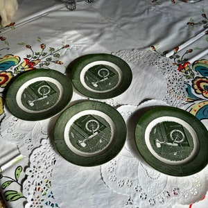 Lot of Vintage Green Colonial Homestead Bread & Butter Plates ~ Royal USA
