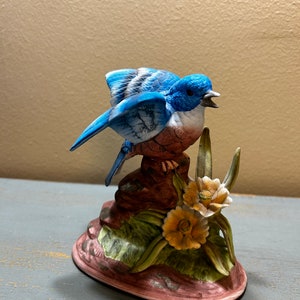 Beautiful Male Blue Jay Figurine ~ Fine Porcelain Blue Jay & Chick Sitting on a Branch ~ Great Looking!