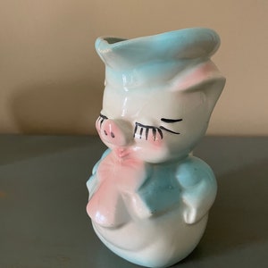Cochon shawnee rose et bleu vintage en céramique avec un pot à crème avec noeud ~ déco des années 1950