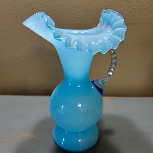 Lovely Vintage Fenton Blue Opalescent Pitcher ~ Hand Blown ~ Ruffle Edge & Bamboo Glass Applied Handle