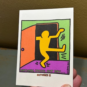 Postal vintage de Keith Haring, Día Nacional de la Salida del Armario, 11 de octubre ~ Interés Gay ~ Excelente diseño gráfico