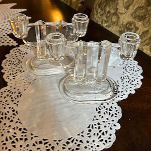 Set of Art Deco Vintage Clear Glass Double Candle Stick Holders~ Beautiful Vintage Treasure