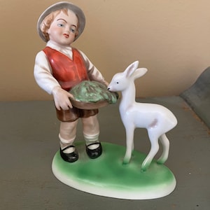 Charming Vintage Porcelain Figurine &quot;Boy Feeding Baby Deer&quot; ~ Gerald Porzellan ~ Germany