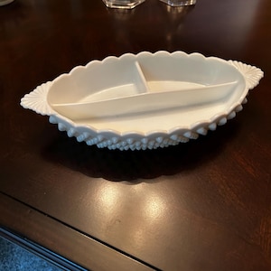 Beautiful Vintage Fenton Milk White Hobnail 3 Part Relish Tray / Candy Bowl ~ Outstanding!