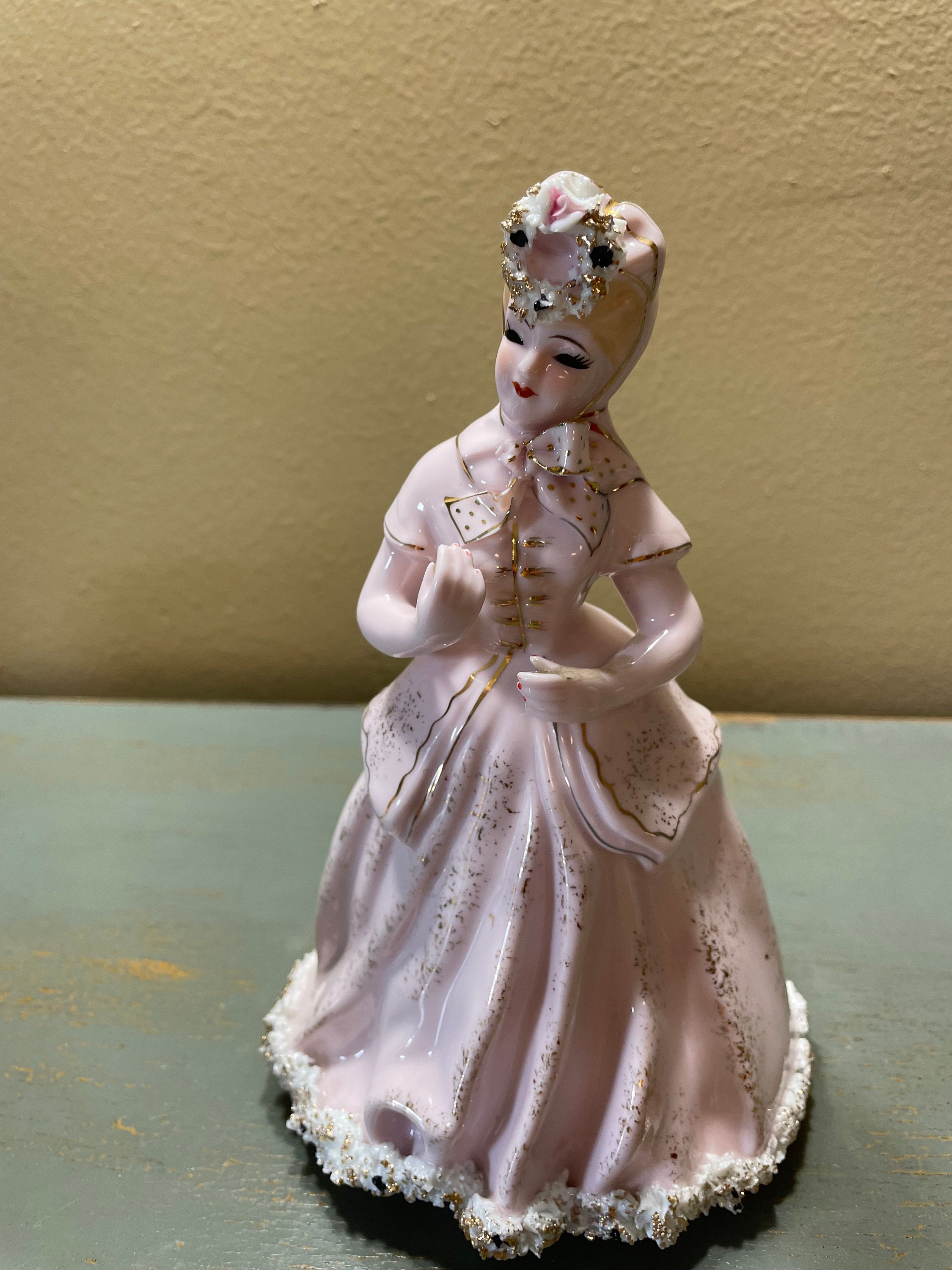 Vintage Lefton China Tall Victorian Lady ~ Pink Dress With Glass