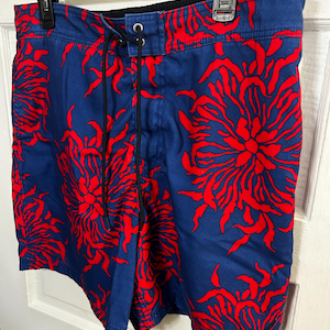 90s Nautica Red Yellow & Red Striped Short Swim Trunks Mens