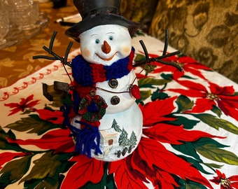 Vintage Hand Painted Holiday Snowman Figure ~ Dressed in Black Top Hat & Knitted Scarf ~ Delightful Winter Holiday Decoration
