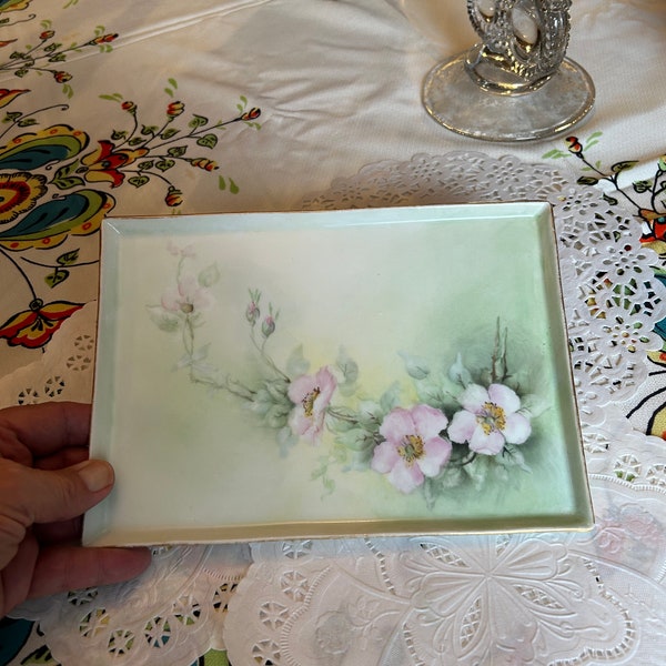 Beautiful Vintage Hand Painted Perfume / Vanity Tray ~ Lovey Detailed Pink Wild Roses ~ Mrs. Dales China Akron OH