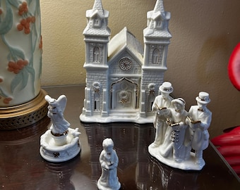 Vintage Hand Painted White Porcelain Trimmed in Gold ~ Village Church & Putz Set ~ 4 Putz Pieces ~ Great Look!
