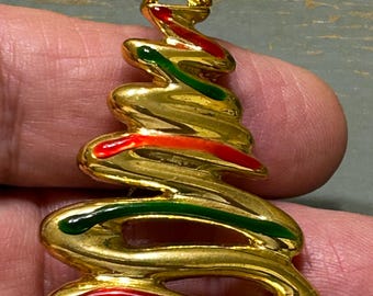 Nice Vintage Mid Century Christmas Tree Brooch / Pin ~ Gold Tone With Multi Colored Enameled Designer Style