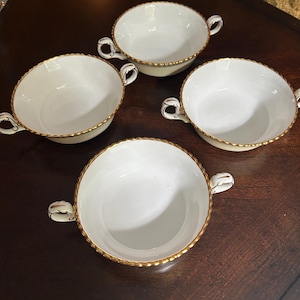 Lovely Set of 4 Antique Spode Cortland Bone China 2 Handled Soup Cups ~ Goldsmith Made in England ~ Gold Trimmed Scroll Design