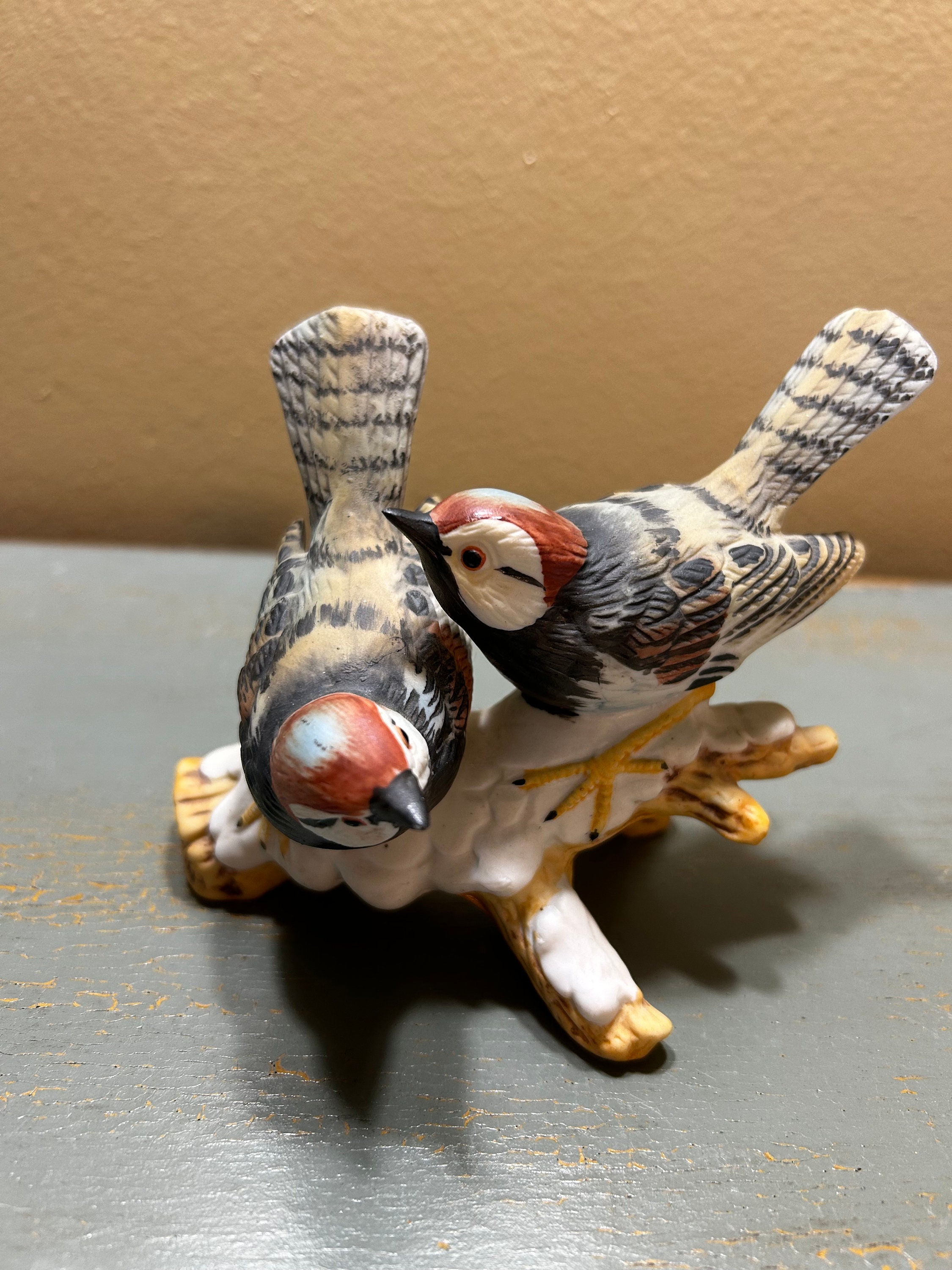 Pair of Vintage Bisque Porcelain Bird Figurines With Branches and