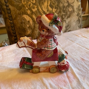 Retired Vintage Hand Painted Fitz & Floyd Plaid Teddy Bear on a Rocking Horse Figure ~ Charming Holiday Collection