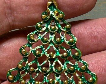 Nice Vintage Mid Century Christmas Tree Brooch / Pin ~ Gold Tone With Multi Colored Enameled Designer Style Accents