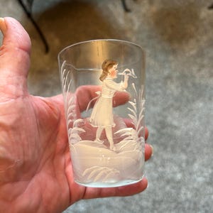Antique Mary Gregory Flat Tumbler ~ Hand Painted Victorian Girl Figure ~ Very Lovely