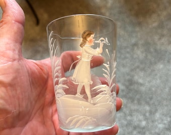 Antique Mary Gregory Flat Tumbler ~ Hand Painted Victorian Girl Figure ~ Very Lovely