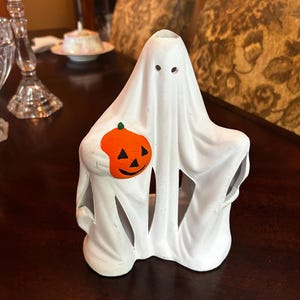 Very Nice Vintage Hand Painted Ceramic Halloween Ghost Tea Light / Table Decoration ~ Jack O Lantern ~ Really Neat!