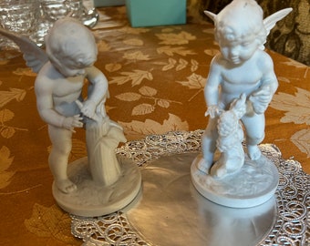 Beautiful Pair of Vintage Dresden Porcelain Angel /  Cherub Figurines - White Bisque ~ Germany