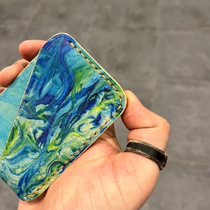 Porta-cartões de couro personalizado feito à mão com espuma, carteira fina, costurada à mão, carteira de bolso frontal, carteira minimalista, marmorizada, colorida, pintada