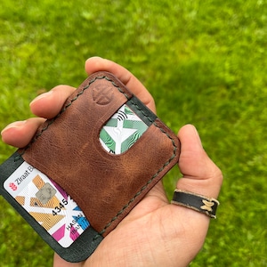 Tarjetero de cuero personalizado hecho a mano, billetera delgada, cosida a mano, billetera con bolsillo frontal, billetera minimalista