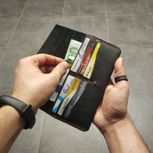 Carteira longa de couro costurada à mão com bolso para celular plus size para homens e mulheres, presente para ela, presente de Dia dos Namorados