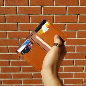 Articoli in pelle fatti a mano, portafoglio in pelle bovina conciata al vegetale di alta qualità, cucito a mano e personalizzato, colore castagna-cognac