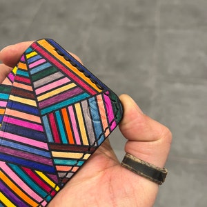 Porta-cartões de couro personalizado pintado feito à mão, carteira fina, costurada à mão, carteira de bolso frontal, marmorizada, colorida, carteira minimalista