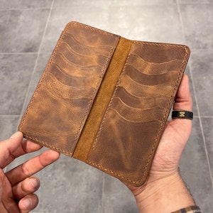 Cartera larga de cuero personalizada, cosida a mano, cartera personalizada para hombre, cartera larga para mujer