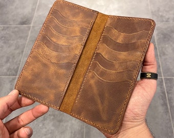Cartera larga de cuero personalizada, cosida a mano, cartera personalizada para hombre, cartera larga para mujer