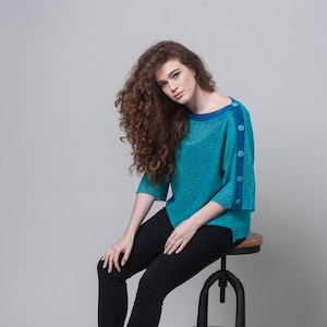 Summer Top, Turquoise Blouse, Women Summer Top, Boho Tops, Long Sleeve Top, Pullover Women, CrochetTop, Loose Top, Loose Blouse, 3/4 sleeve