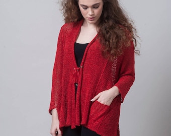 Bohemian Clothing, Fall Top, Knit Sweater, Cardigan Sweater, Knit Cardigan, Light Top, Cardigan Sweater, Red Cardigan, Knit Jacket, Fall Top