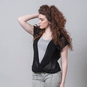 Frauen-Sommer-Top, Kurzarm-Top, Pullover Frauen, böhmische Kleidung, häkeln Top, V Neck Top, lose Top, stricken Top, Sommer-Top schwarz