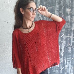 Bohemian Clothing, Red Sweater, Fashion Top, Oversized Sweater, Loose Top, Oversized Pullover, Boho Blouse, Sheer Blouse, 3/4 Sleeve Top image 1