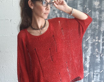 Bohemian Clothing, Red Sweater, Fashion Top, Oversized Sweater, Loose Top, Oversized Pullover, Boho Blouse, Sheer Blouse, 3/4 Sleeve Top