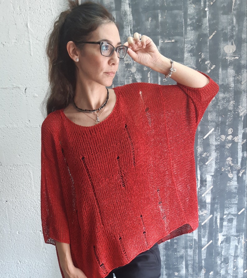 Bohemian Clothing, Red Sweater, Fashion Top, Oversized Sweater, Loose Top, Oversized Pullover, Boho Blouse, Sheer Blouse, 3/4 Sleeve Top image 1