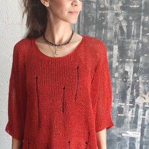 Bohemian Clothing, Red Sweater, Fashion Top, Oversized Sweater, Loose Top, Oversized Pullover, Boho Blouse, Sheer Blouse, 3/4 Sleeve Top image 3