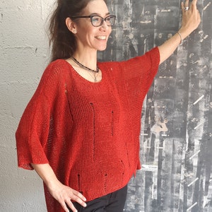 Bohemian Clothing, Red Sweater, Fashion Top, Oversized Sweater, Loose Top, Oversized Pullover, Boho Blouse, Sheer Blouse, 3/4 Sleeve Top image 2