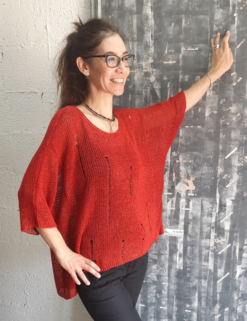 Bohemian Clothing, Red Sweater, Fashion Top, Oversized Sweater, Loose Top, Oversized Pullover, Boho Blouse, Sheer Blouse, 3/4 Sleeve Top image 2