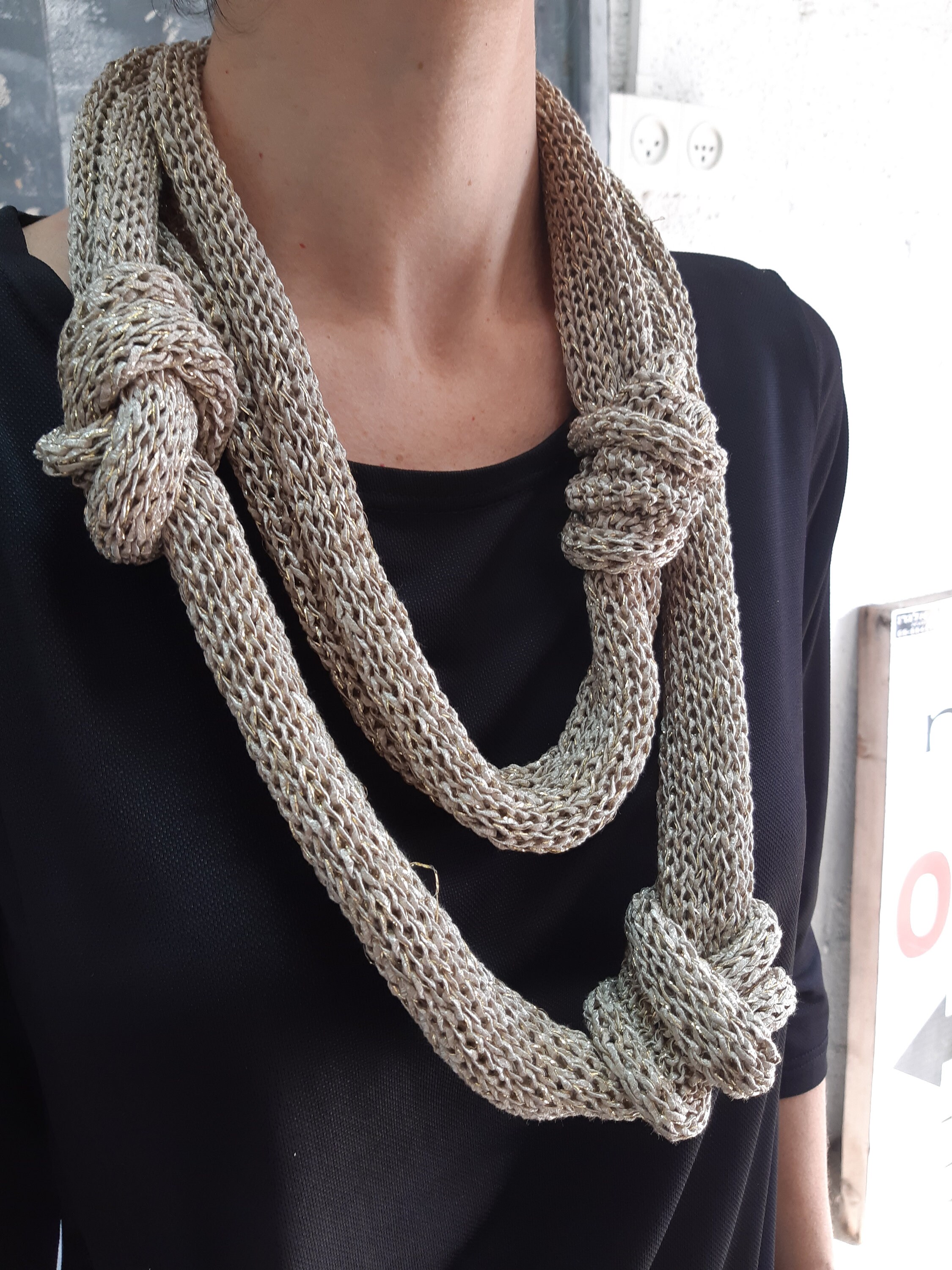 Gold Women Scarf, Knots Necklace, Knit Jewelry, Unique Scarf, Textile