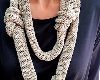 Gold Women Scarf, Knots Necklace, Knit Jewelry, Unique Scarf, Textile Jewelry, Winter Knitted Accessories, Necklace scarf, Bohemian Scarf