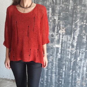 Bohemian Clothing, Red Sweater, Fashion Top, Oversized Sweater, Loose Top, Oversized Pullover, Boho Blouse, Sheer Blouse, 3/4 Sleeve Top image 4