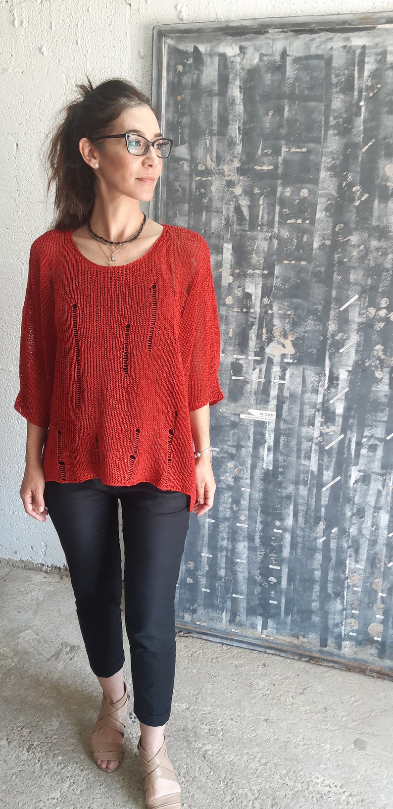 Bohemian Clothing, Red Sweater, Fashion Top, Oversized Sweater, Loose Top, Oversized Pullover, Boho Blouse, Sheer Blouse, 3/4 Sleeve Top image 4