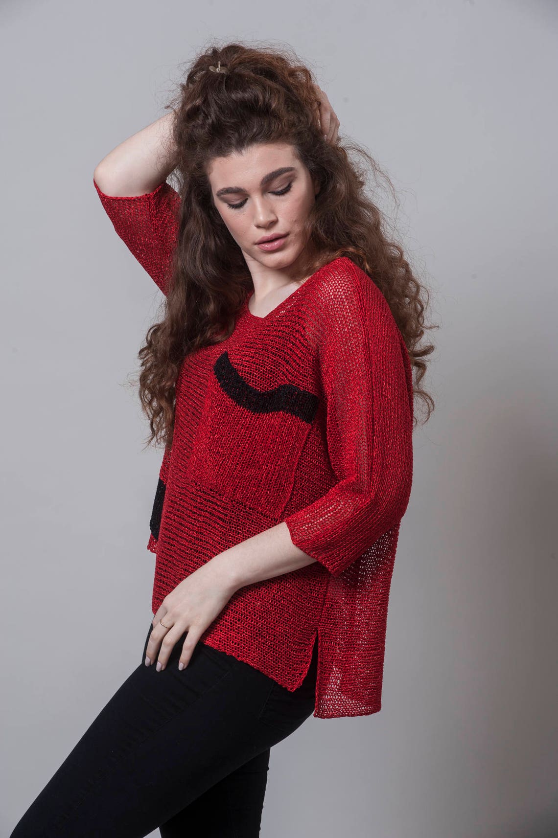 Red Sweater Knit Sweater Summer Knit Oversized Top Loose Etsy