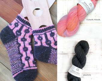 Dotted Line Sock Kit - Flower Power/Graphite - Yarn and Printed Pattern in English/Norwegian - Hand Dyed Yarn  - Yarn Kit