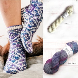 Fleur Élise socks - Yarn Kit - Cosmic Forces/Natural - Yarn and Printed Pattern in English/Norwegian - Hand Dyed Yarn  - Yarn Kit