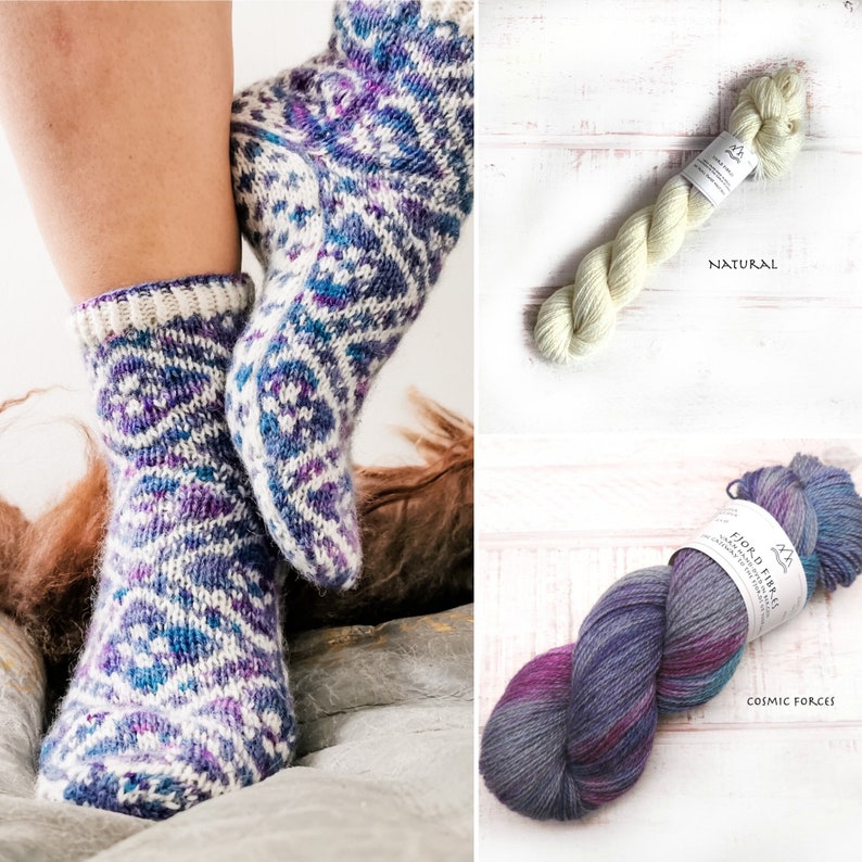 Fleur Élise socks Yarn Kit Cosmic Forces/Natural Yarn and Printed Pattern in English/Norwegian Hand Dyed Yarn Yarn Kit image 1